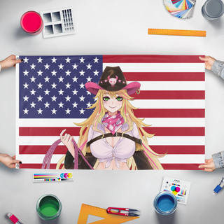 A mockup of the custom flag 'Lasshole flag' held up on a table during print checking