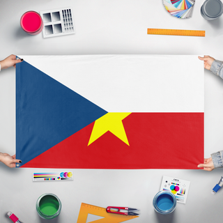 A mockup of the custom flag 'czechnamese flag' held up on a table during print checking