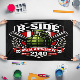 A mockup of the custom flag 'aaaaa flag' held up on a table during print checking