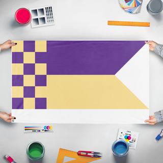A mockup of the custom flag 'flannel flag' held up on a table during print checking
