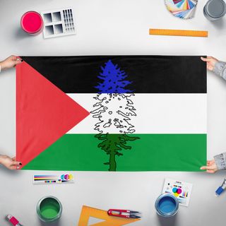 A mockup of the custom flag 'Cascadia for Palestine' held up on a table during print checking