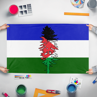 A mockup of the custom flag 'Cascadia for Palestine' held up on a table during print checking