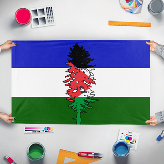 A mockup of the custom flag 'Cascadia for Palestine' held up on a table during print checking