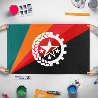 A mockup of the custom flag 'Luevyski flag' held up on a table during print checking