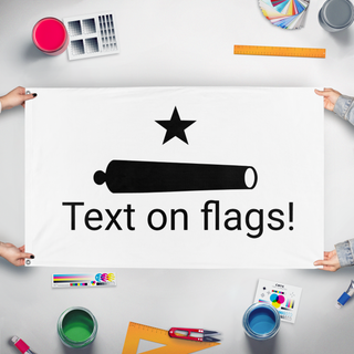 A mockup of the custom flag 'a flag' held up on a table during print checking