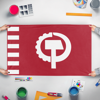 A mockup of the custom flag 'communist american flag' held up on a table during print checking