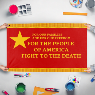 A mockup of the custom flag 'another socliast ameircan flag' held up on a table during print checking