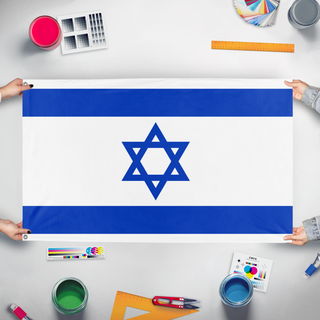 A mockup of the custom flag 'Israel flag' held up on a table during print checking