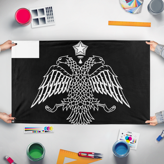 A mockup of the custom flag 'f flag' held up on a table during print checking