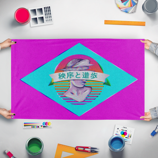 A mockup of the custom flag 'Vaporwave Brazil flag' held up on a table during print checking