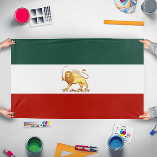 A mockup of the custom flag 'Lion and Sun flag' held up on a table during print checking