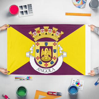 A mockup of the custom flag 'Portuguese Angola flag' held up on a table during print checking