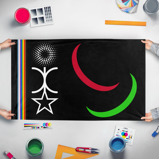 A mockup of the custom flag 'Greater Socialism flag' held up on a table during print checking