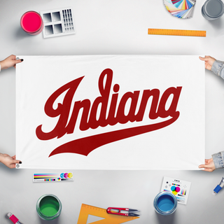 A mockup of the custom flag 'Indiana flag' held up on a table during print checking