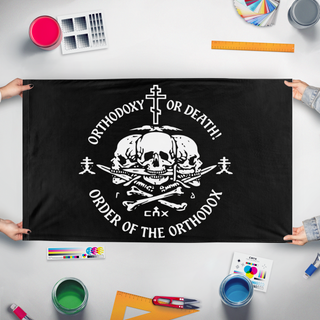 A mockup of the custom flag 'eng Orthodox Banner Bearers flag' held up on a table during print checking