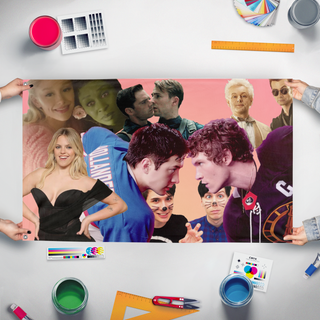 A mockup of the custom flag 'Zoe's flag' held up on a table during print checking