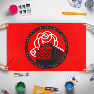 A mockup of the custom flag 'WSILDSA' held up on a table during print checking