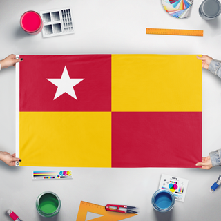 A mockup of the custom flag 'English banner of Essex flag' held up on a table during print checking