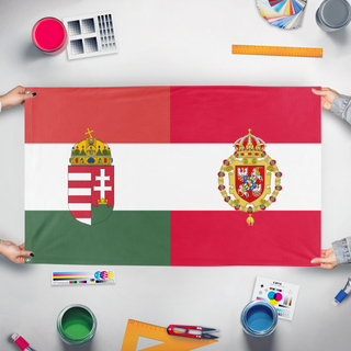 A mockup of the custom flag 'Polish-Hungarian Picnic flag' held up on a table during print checking
