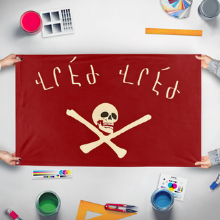 A mockup of the custom flag '1 flag' held up on a table during print checking