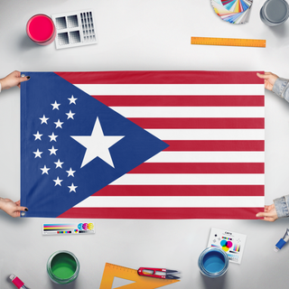 A mockup of the custom flag 'Cyberpunk NUSA flag' held up on a table during print checking