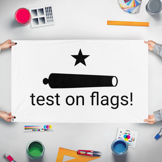 A mockup of the custom flag 'test 2 flag' held up on a table during print checking