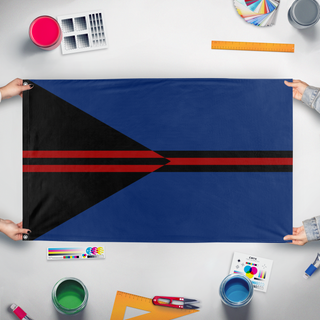A mockup of the custom flag 'Vela Naj-Eun  flag' held up on a table during print checking