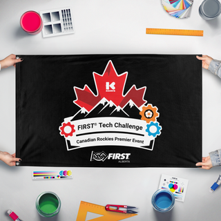 A mockup of the custom flag 'CKPR' held up on a table during print checking