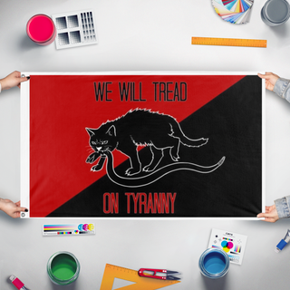 A mockup of the custom flag 'Anti-Tyranny Flag' held up on a table during print checking