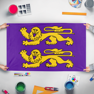 A mockup of the custom flag 'Two Lions on Purple flag' held up on a table during print checking