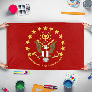 A mockup of the custom flag 'Communist Flag of the United States' held up on a table during print checking