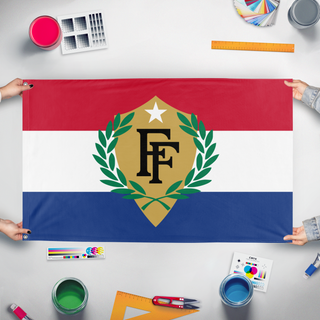 A mockup of the custom flag 'Fun With Flags Official' held up on a table during print checking