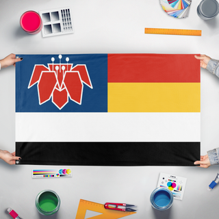 A mockup of the custom flag 'cantonesr flag' held up on a table during print checking