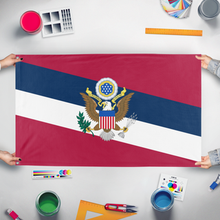 A mockup of the custom flag 'USA in the Style of Brunei flag' held up on a table during print checking
