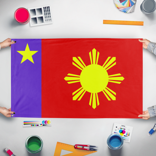 A mockup of the custom flag 'Spacezaland flag' held up on a table during print checking