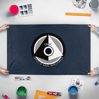 A mockup of the custom flag 'Office of Naval Intelligence flag' held up on a table during print checking