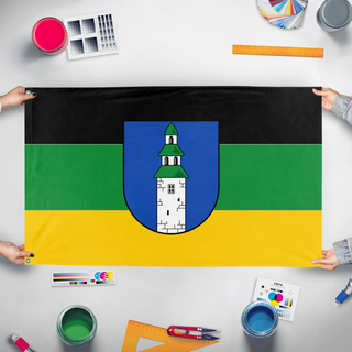 A mockup of the custom flag 'Klein Lengden  flag' held up on a table during print checking