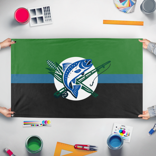 A mockup of the custom flag 'Black Earth flag' held up on a table during print checking