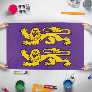 A mockup of the custom flag 'Purple Lions of Normandy flag' held up on a table during print checking