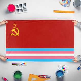 A mockup of the custom flag 'Transgender SSR  flag' held up on a table during print checking