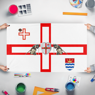 A mockup of the custom flag 'City of London Chapel flag' held up on a table during print checking