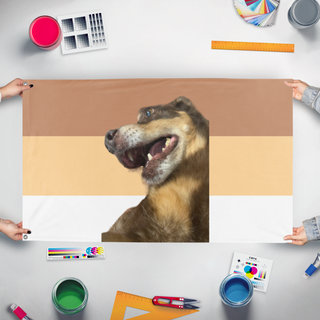 A mockup of the custom flag 'carmel flag' held up on a table during print checking