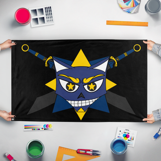 A mockup of the custom flag 'Rox Pirates flag' held up on a table during print checking