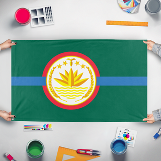 A mockup of the custom flag 'Redesign of Bangladesh flag' held up on a table during print checking