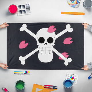A mockup of the custom flag 'Sakura kingdom flag' held up on a table during print checking