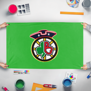 A mockup of the custom flag 'Boston flag' held up on a table during print checking
