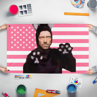 A mockup of the custom flag 'Dr. House flag' held up on a table during print checking