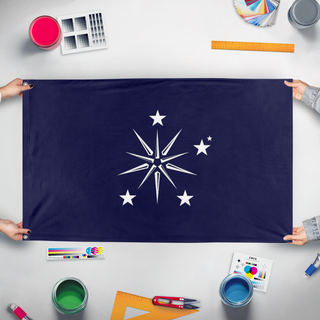 A mockup of the custom flag 'Pacific Federation flag' held up on a table during print checking