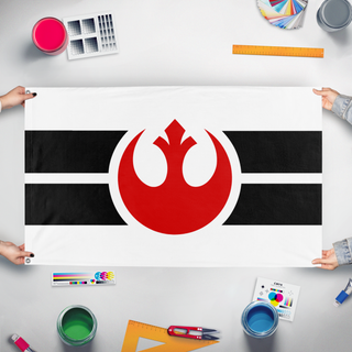 A mockup of the custom flag 'Rebel Alliance flag' held up on a table during print checking