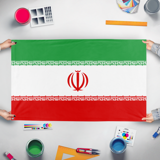 A mockup of the custom flag 'Flag of the Islamic Republic of Iran' held up on a table during print checking